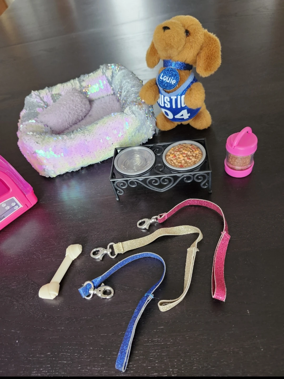 Justice Pets toy dog with crate, bed, leashes, food, bone +