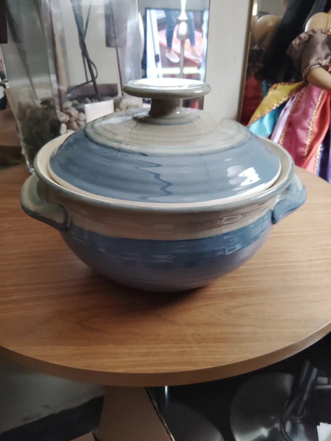 Blue Stoneware Clay Casserole Dish with Lid thumbnail