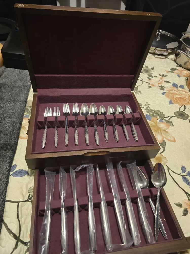 Silver Flatware Set in Wooden Box