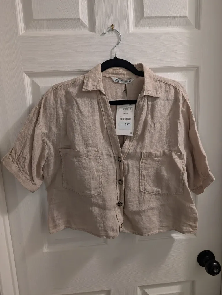 Zara Linen Blend Button-Up Shirt - Size S
