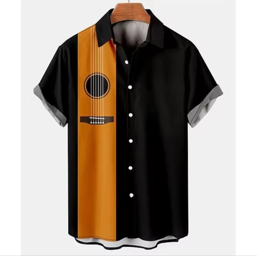 Guitar Print Short Sleeve Button Up Shirt