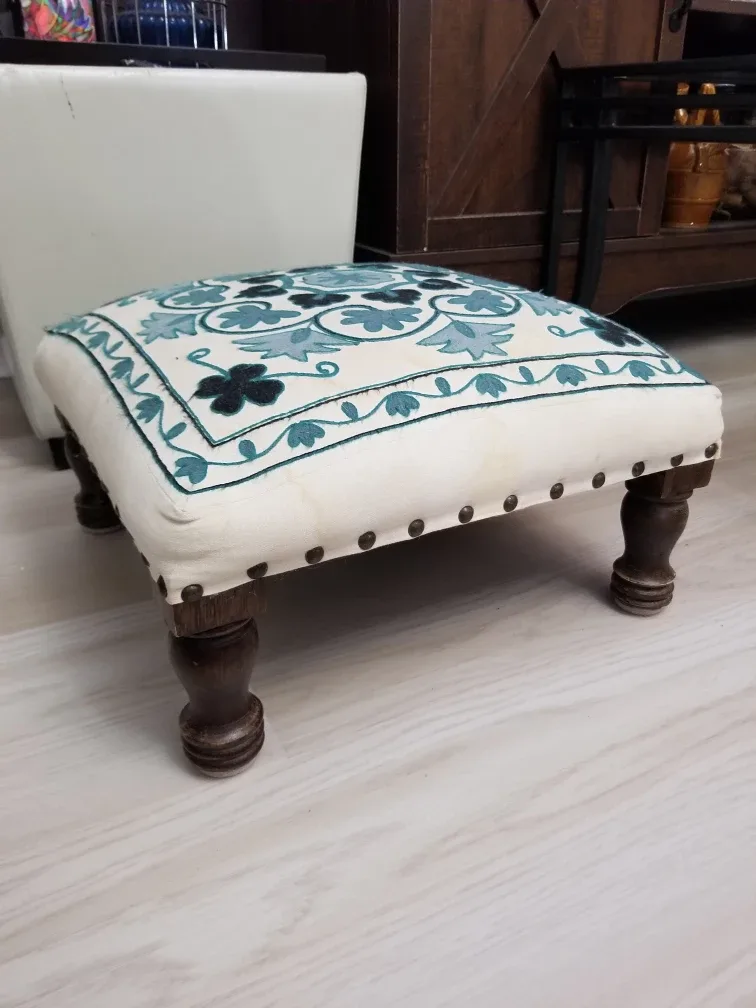 Floral Embroidered Footstool Ottoman