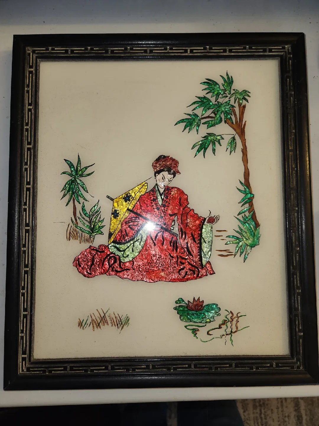 80s Vintage Asian Art Framed Painted Glass image indicator(2)