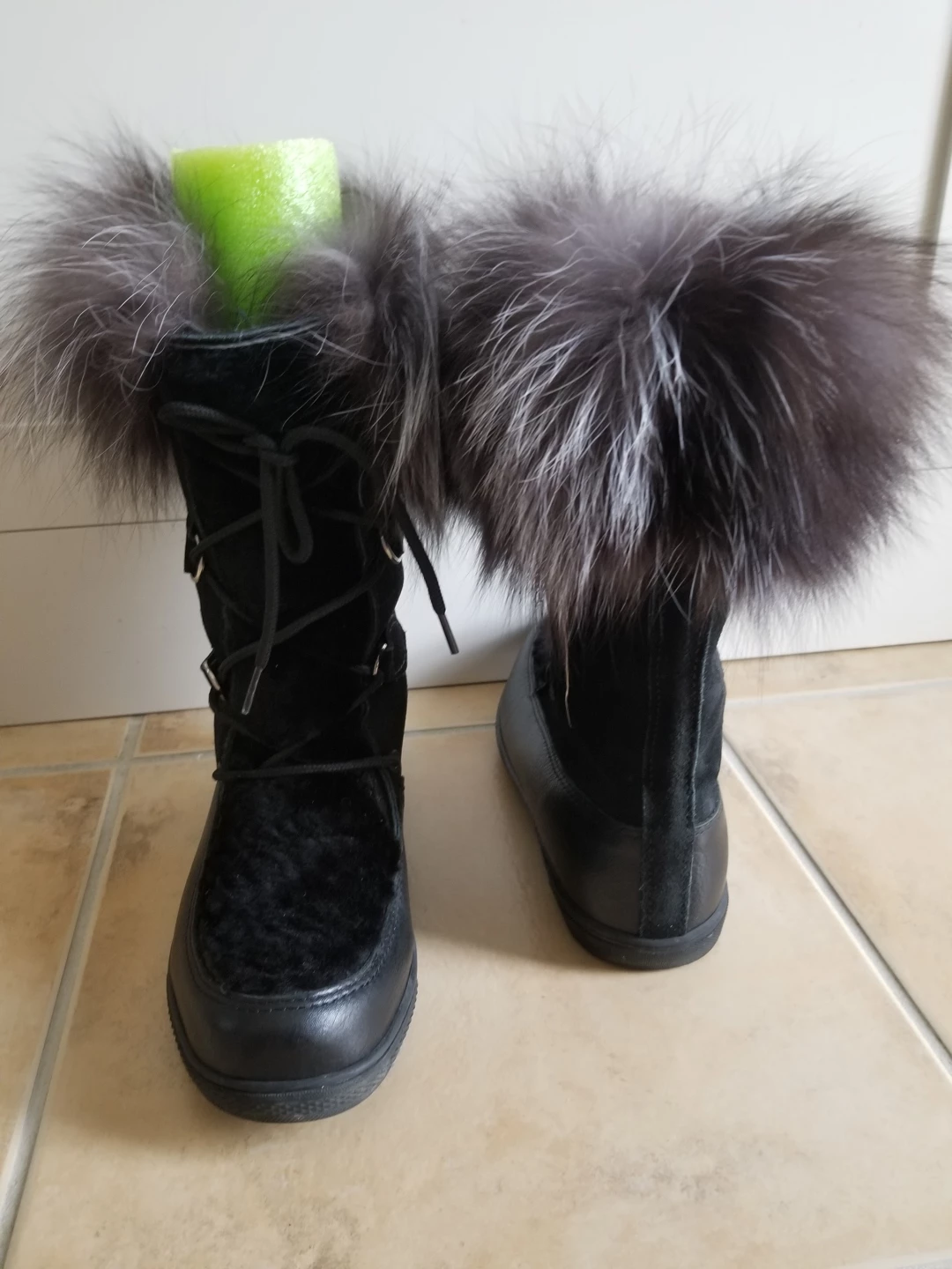 Black Winter Leather Boots with Fur Trim