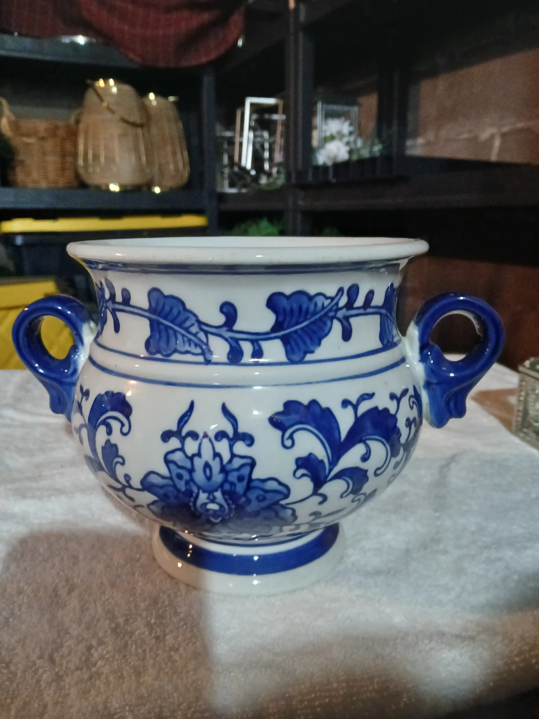Vintage Blue & White Floral Ceramic Planter