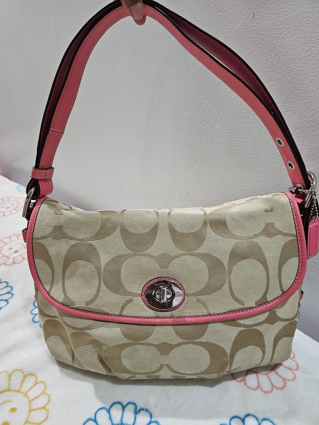 Coach Signature Canvas Baguette with Pink Leather Trim