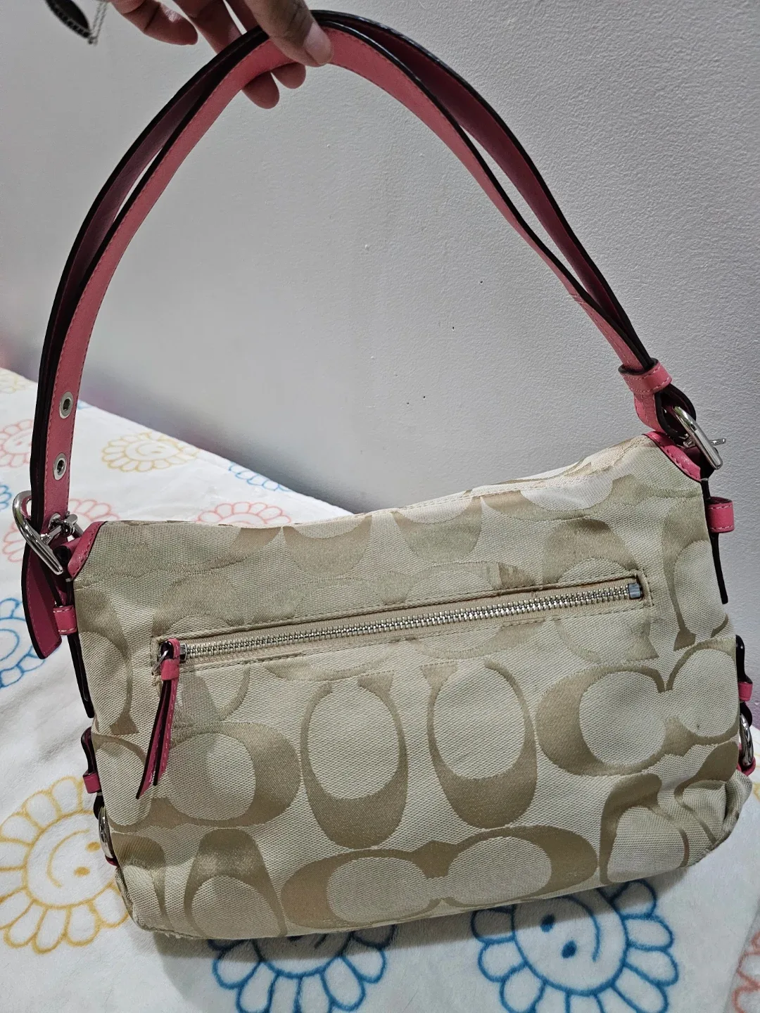 Coach Signature Canvas Baguette with Pink Leather Trim image indicator(2)