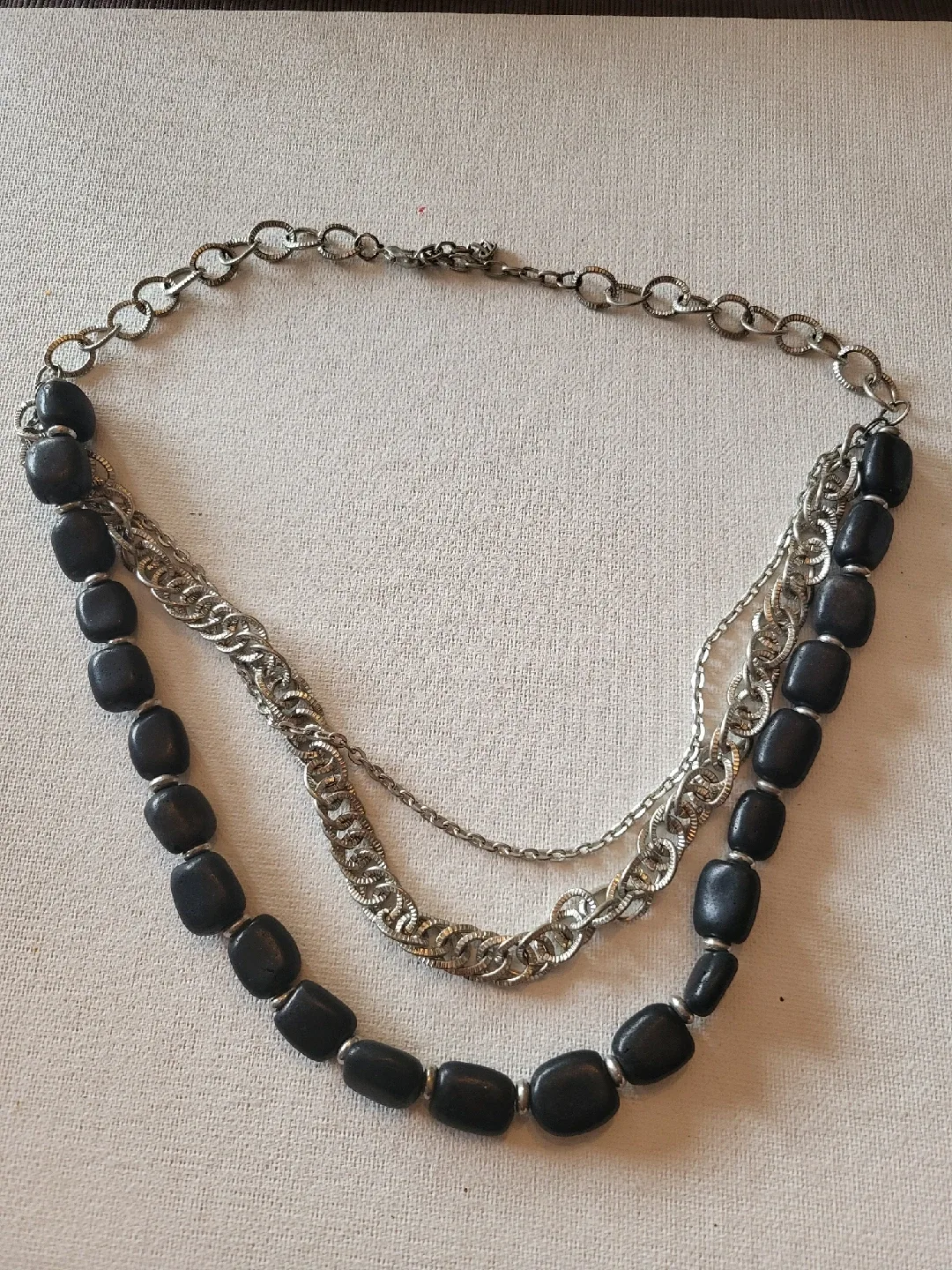 Vintage Layered Necklace - Black Beads & Silver Chains thumbnail