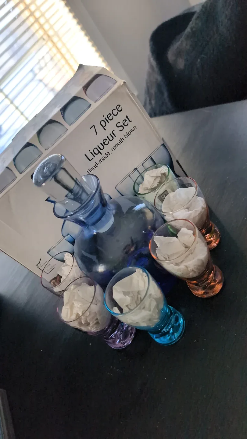 7 Piece Liqueur Set, Hand-made, Mouth Blown, New in Box