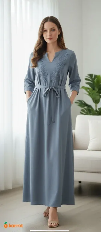 Blue Maxi Dress with Floral Embroidery #Cleanout image indicator(2)