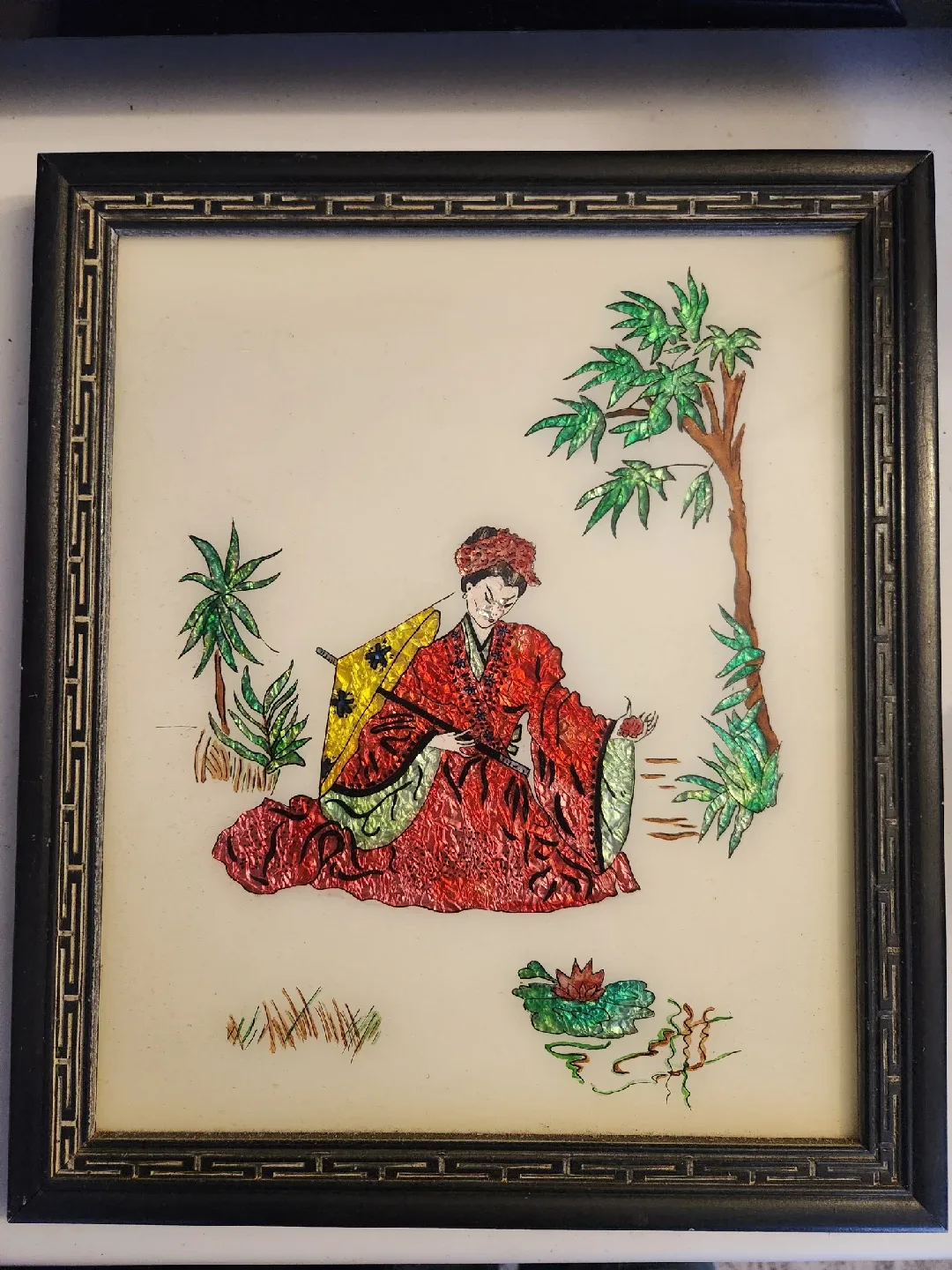 80s Vintage Asian Art Framed Painted Glass image indicator(4)