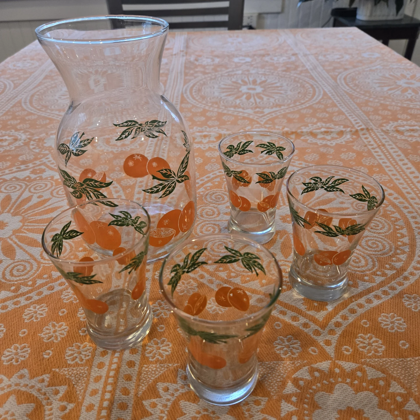 Vintage 1980's Orange Blossom Pattern Set Carafe 4 Juice Glasses