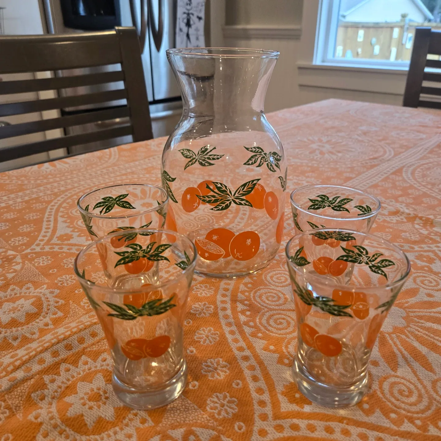 Vintage 1980's Orange Blossom Pattern Set Carafe 4 Juice Glasses image indicator(4)