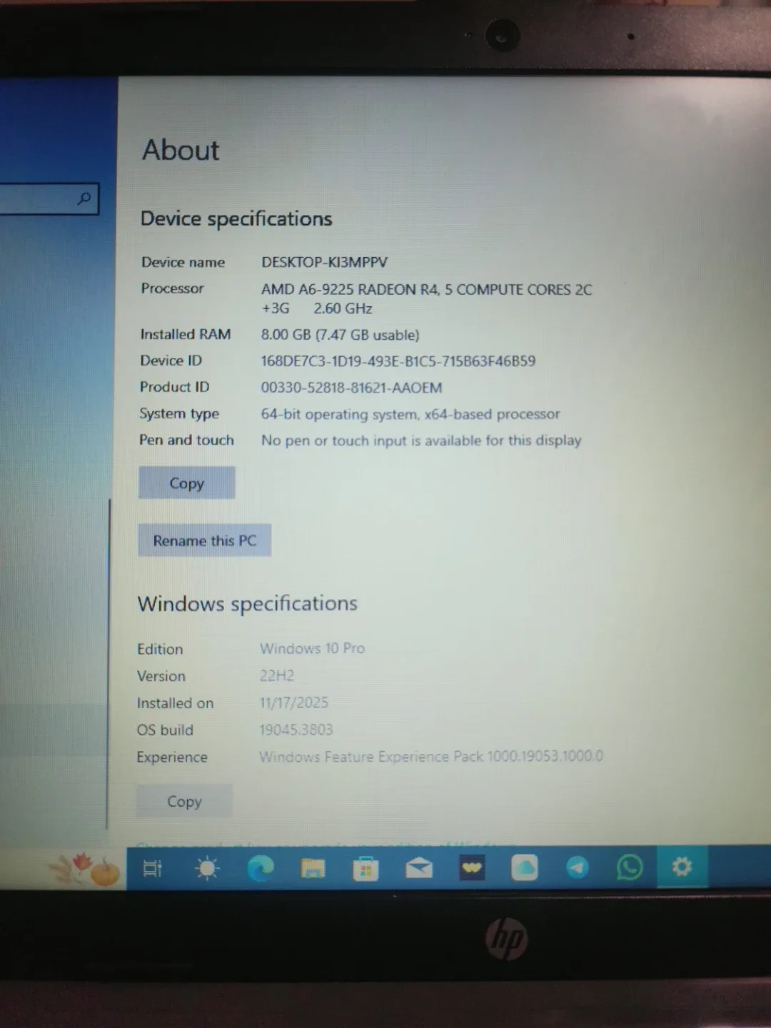 HP 255 G7 Notebook PC - AMD A6-9225, 8GB RAM, 256GB NVMe image indicator(3)