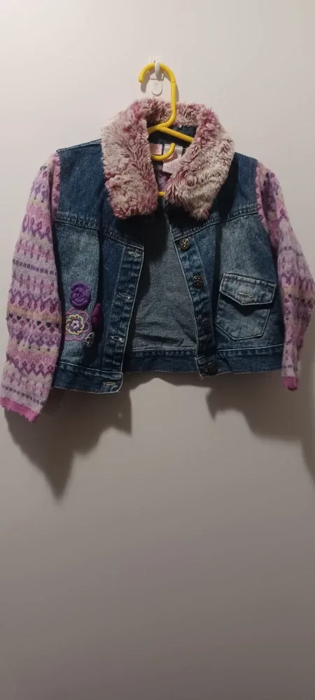 Denim Jacket with Knit Sleeves & Faux Fur Collar