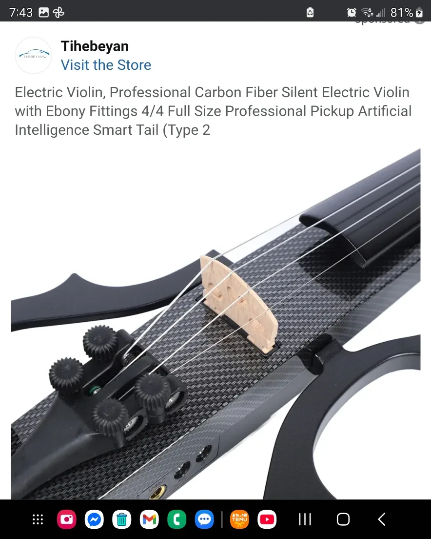 Tihebeyan Electric Violin, Carbon Fiber, Full Size image indicator(3)
