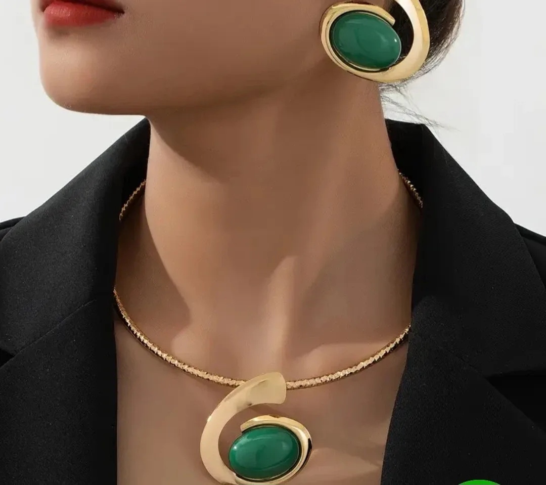 Gold Tone Necklace & Earring Set, Green Stone image indicator(2)