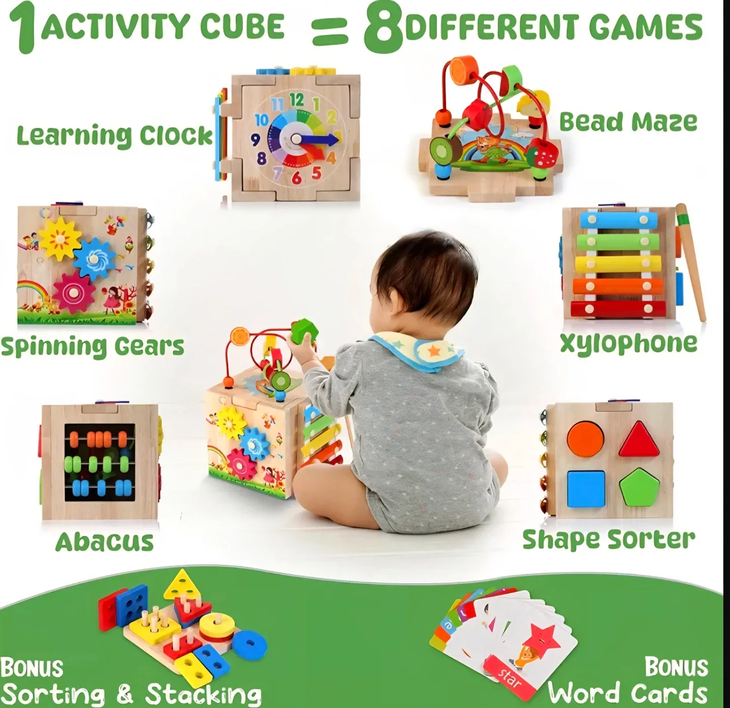 Hellowood 8 in 1 Wooden Activity Cube For Kids image indicator(4)