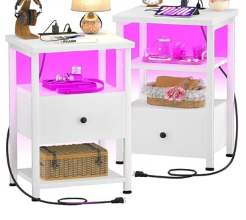 White Bedside Table with LED Light