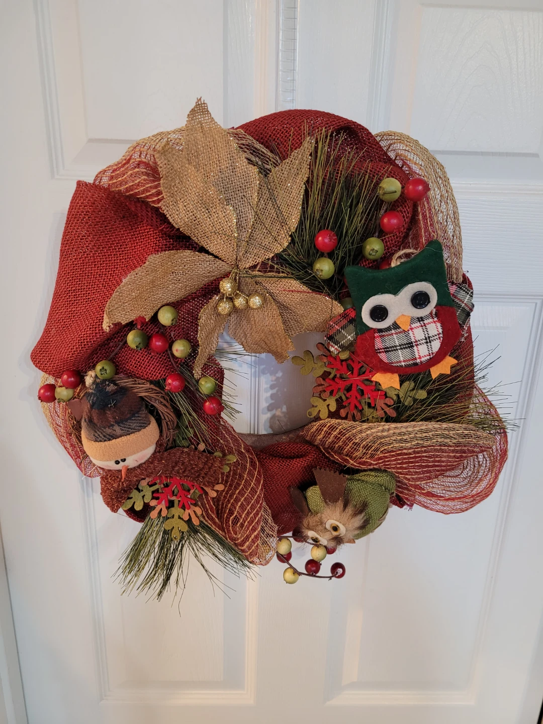 Handmade Wreath w/ Owls, Snowman 16"