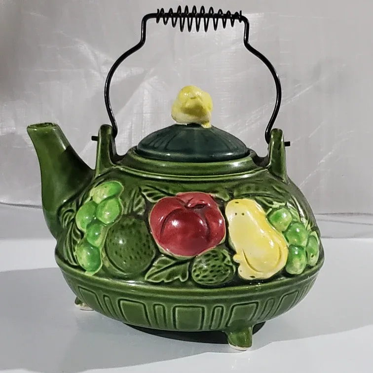 Vintage Green Ceramic Teapot with Fruit Design