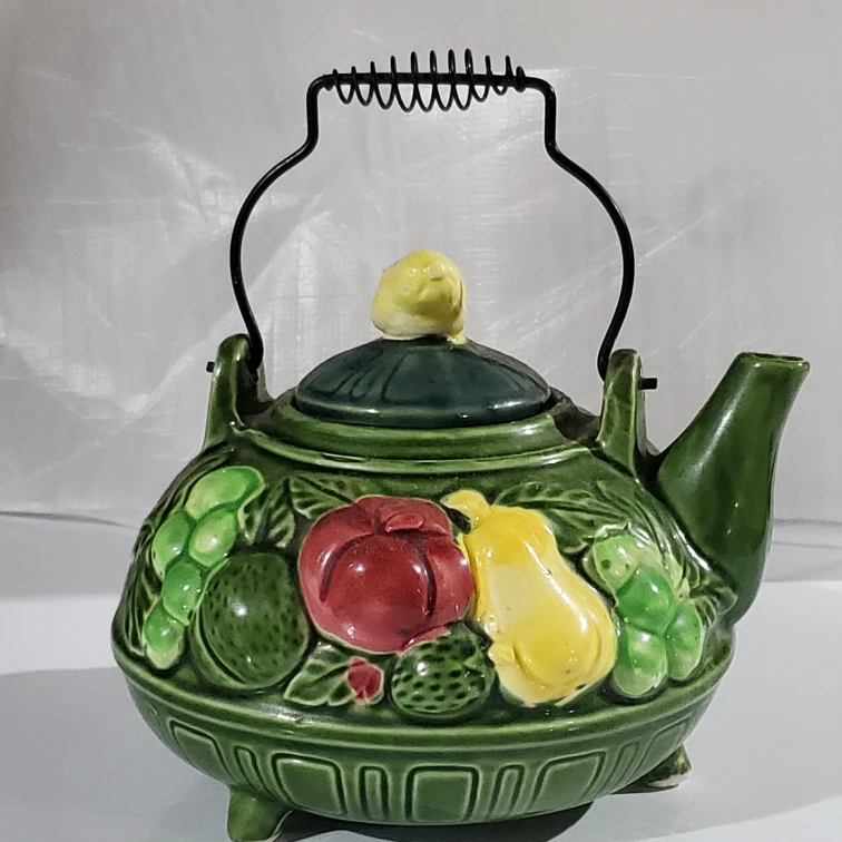 Vintage Green Ceramic Teapot with Fruit Design - photo 2