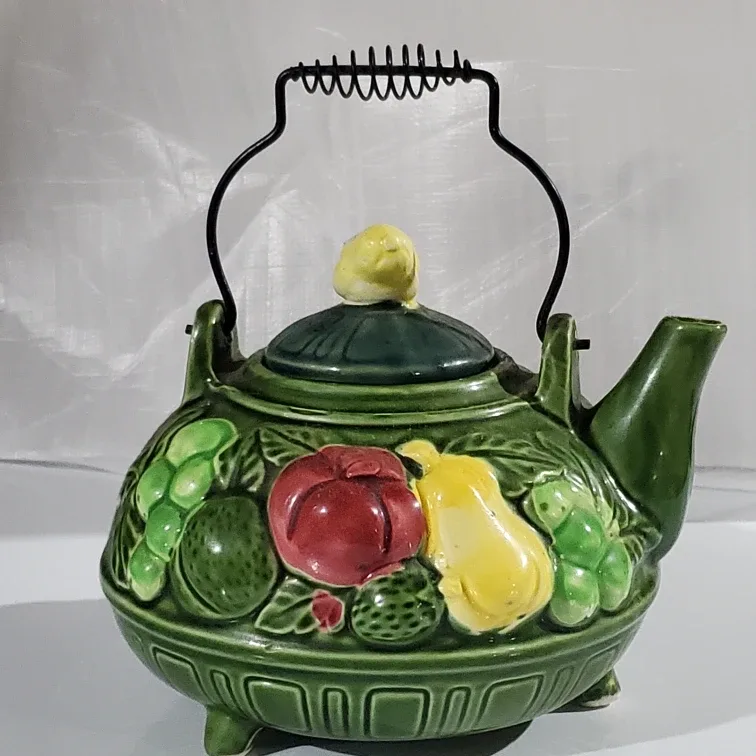 Vintage Green Ceramic Teapot with Fruit Design image indicator(2)