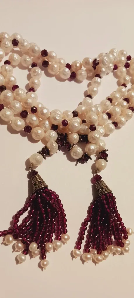 Sterling Silver Genuine Garnet  Stone & Pearl  Necklace