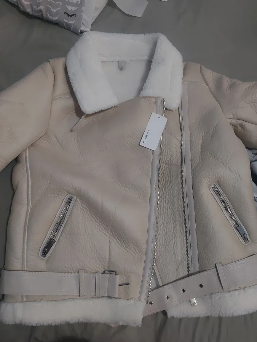 LY VAREY LIN Faux Shearling Moto Jacket - Beige