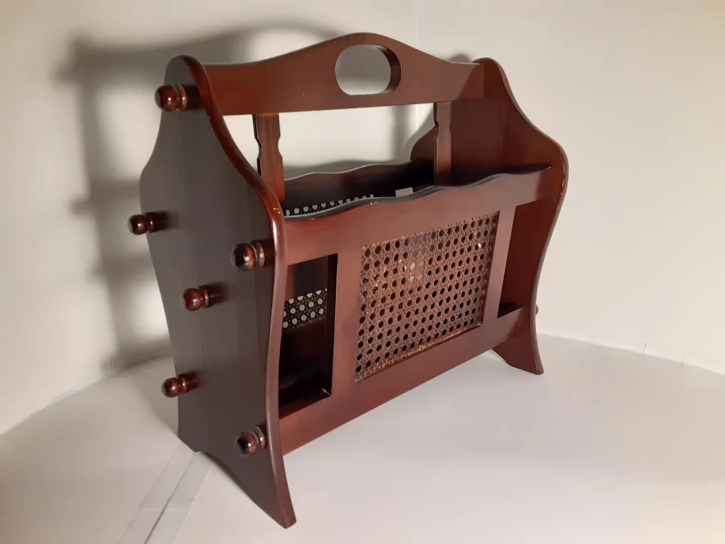 Vintage Wooden Magazine Rack with Elegant Woven Detail