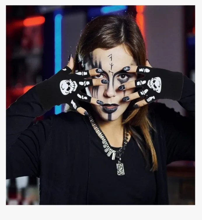 NEW!  LUOFUR Halloween Skeleton Fingerless Gloves image indicator(2)