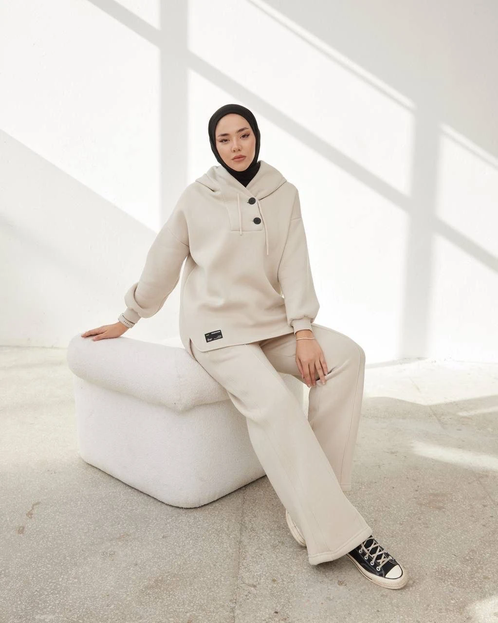 Beige Hoodie with Button Detail