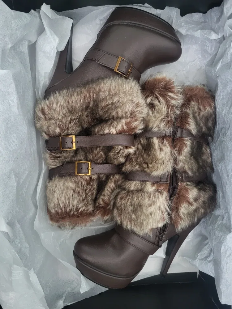 Brown Fur Trim Stiletto Boots