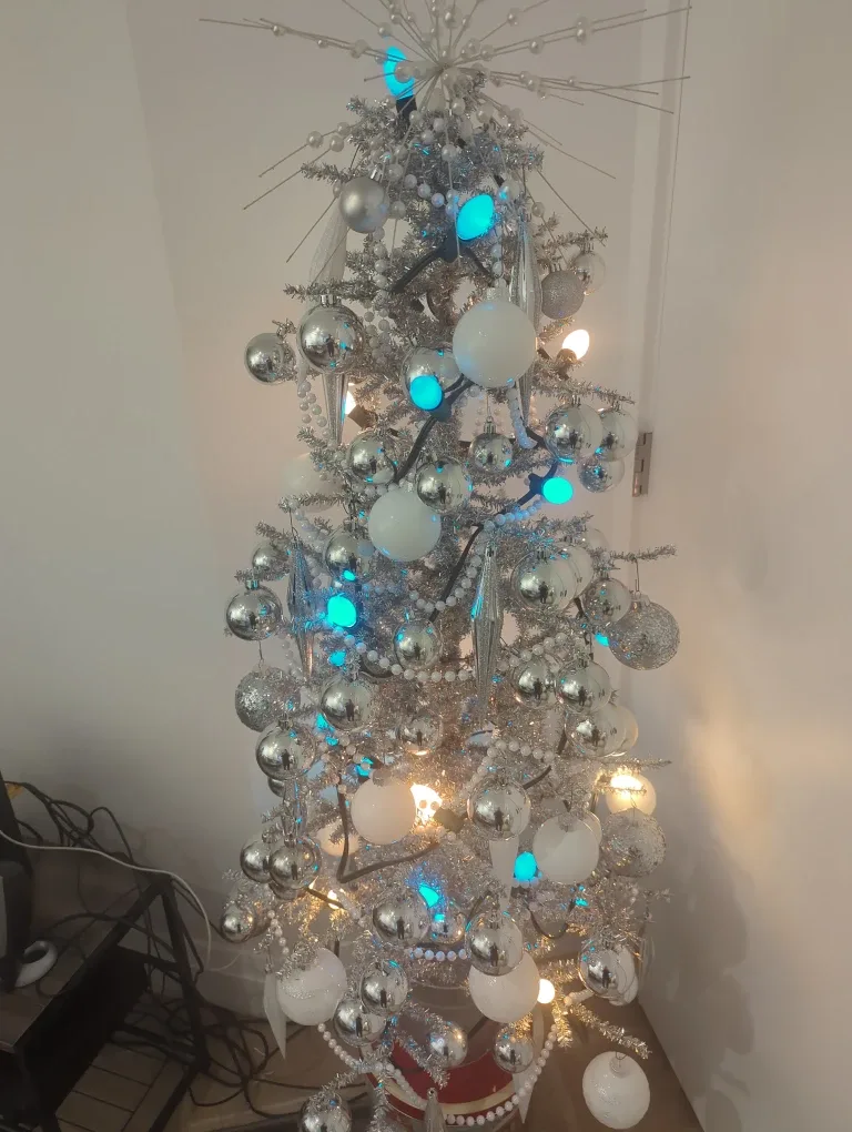Retro Silver Christmas Tree with Ornaments