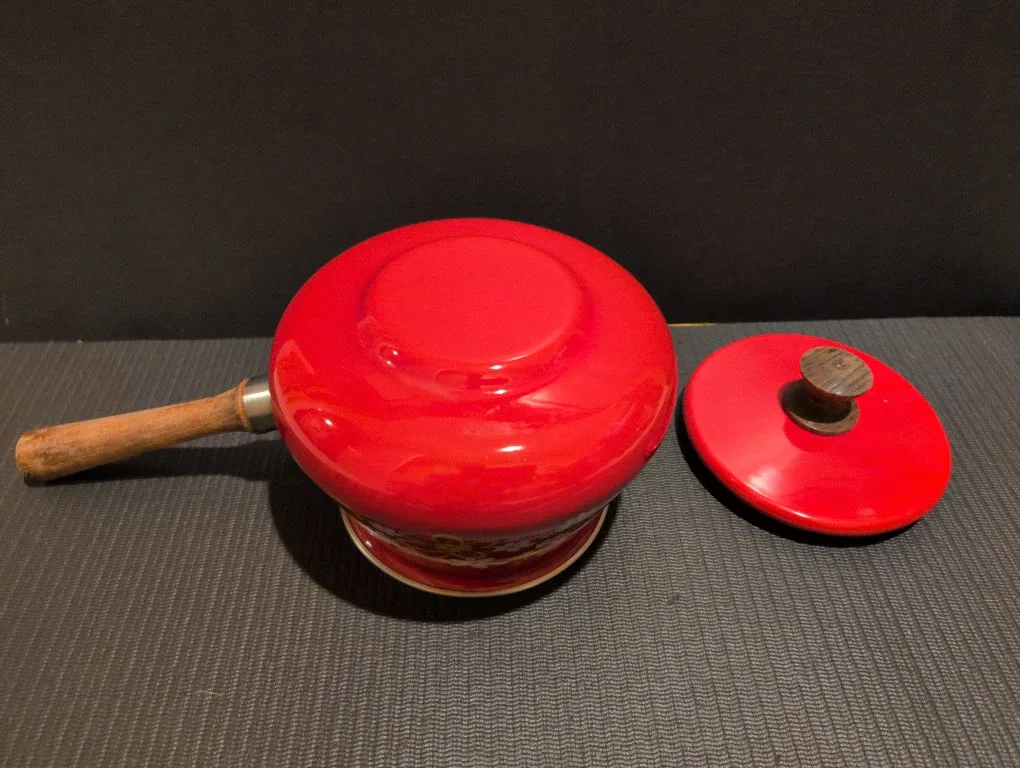 Vintage Red Floral Enamelware Saucepan with Lid image indicator(3)
