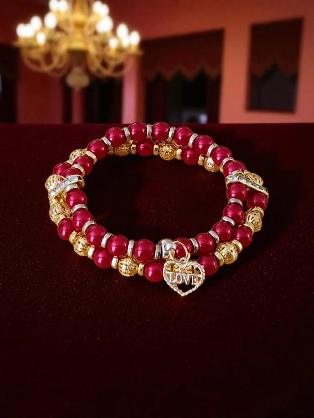 Red & Gold Beaded Bracelet with Love Charm