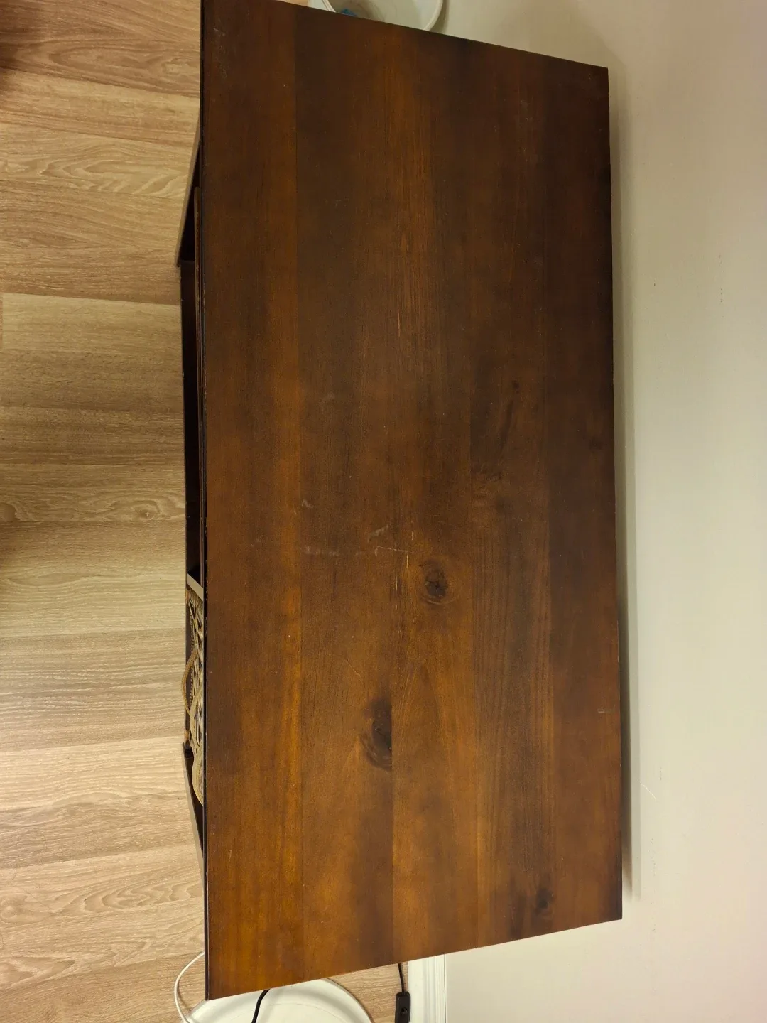 MOVING SALE Dark Wood Console Table with Wicker Baskets image indicator(5)