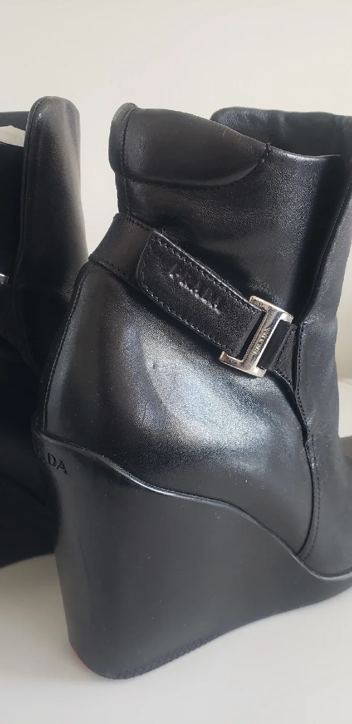 Prada Black Leather Wedge Boots Sz 38 image indicator(8)