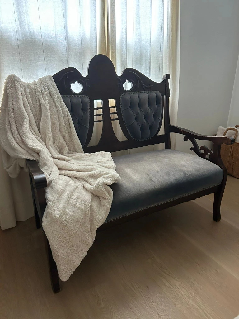 Antique Loveseat Bench - Dark Wood & Blue Upholstery