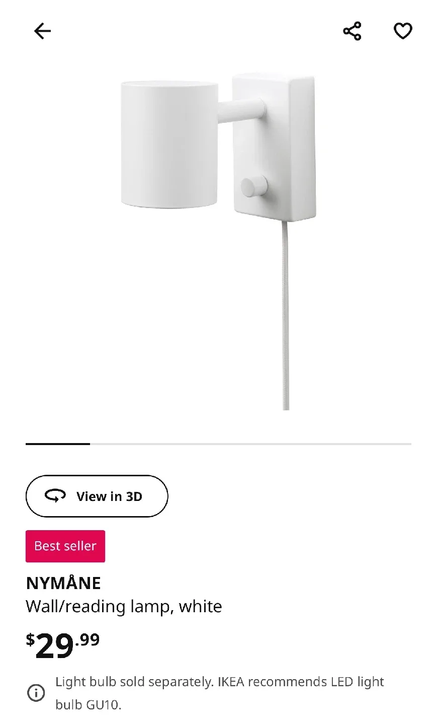 IKEA NYMÅNE Wall/Reading Lamps - White image indicator(4)