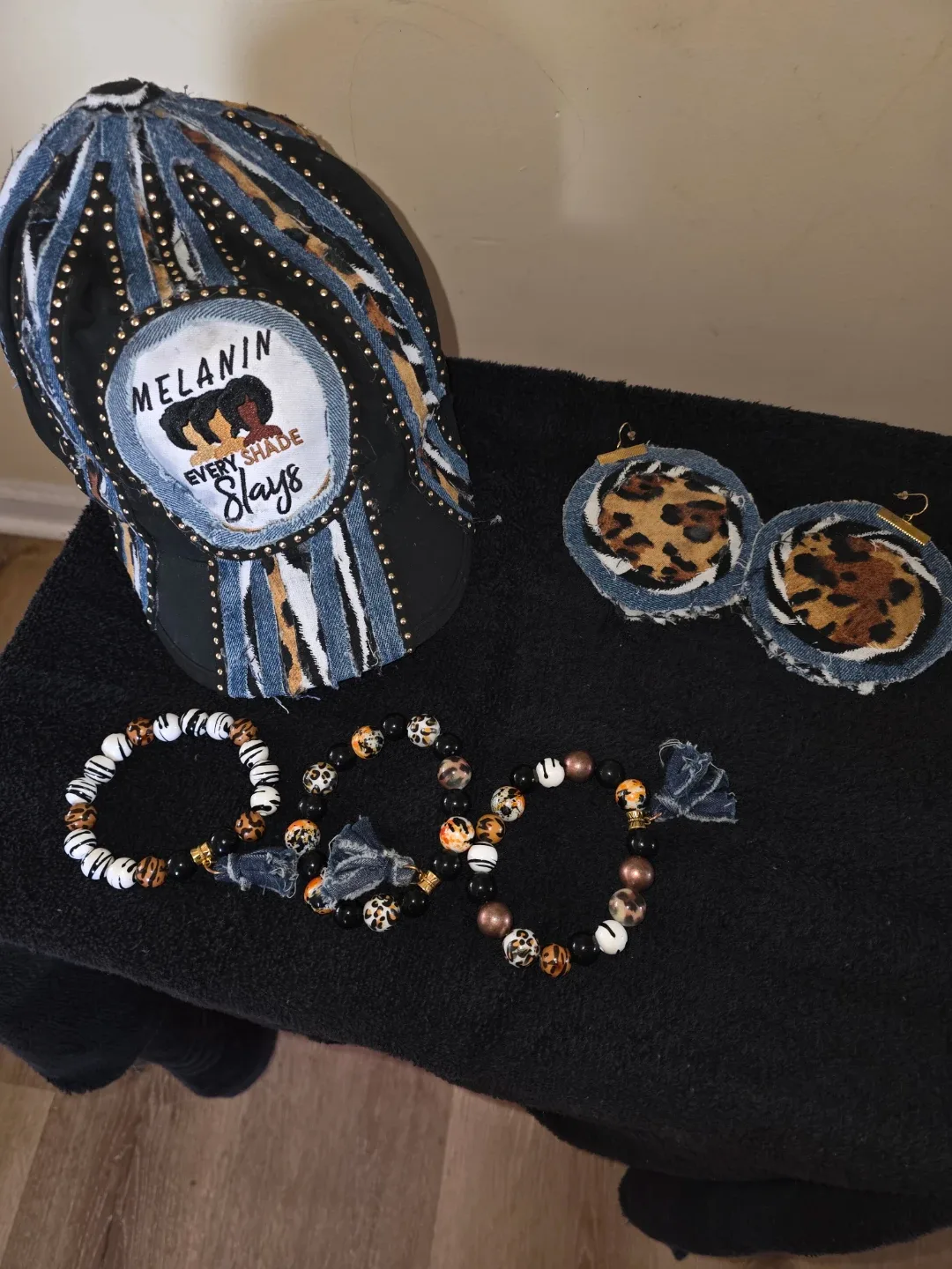Handmade Denim Leopard Print Hat, Earrings & Bracelets