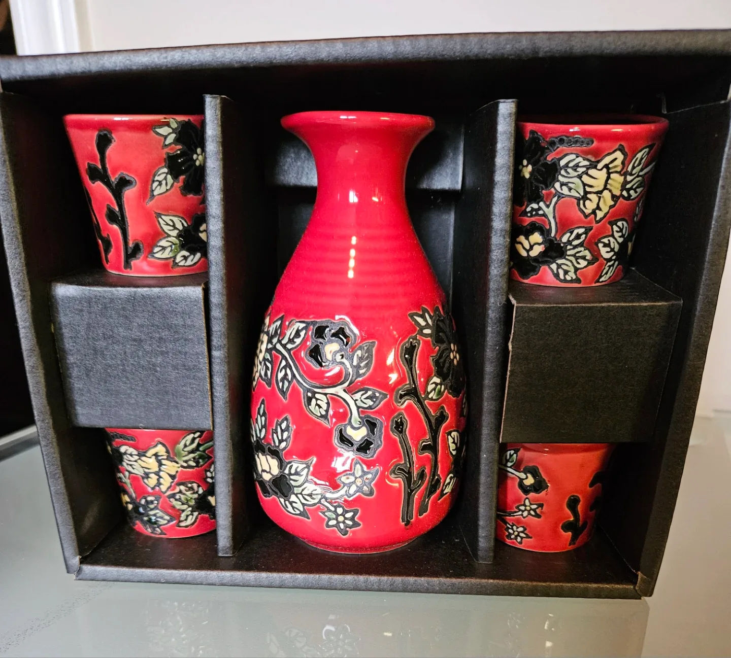 Red Sake Set with Floral Design