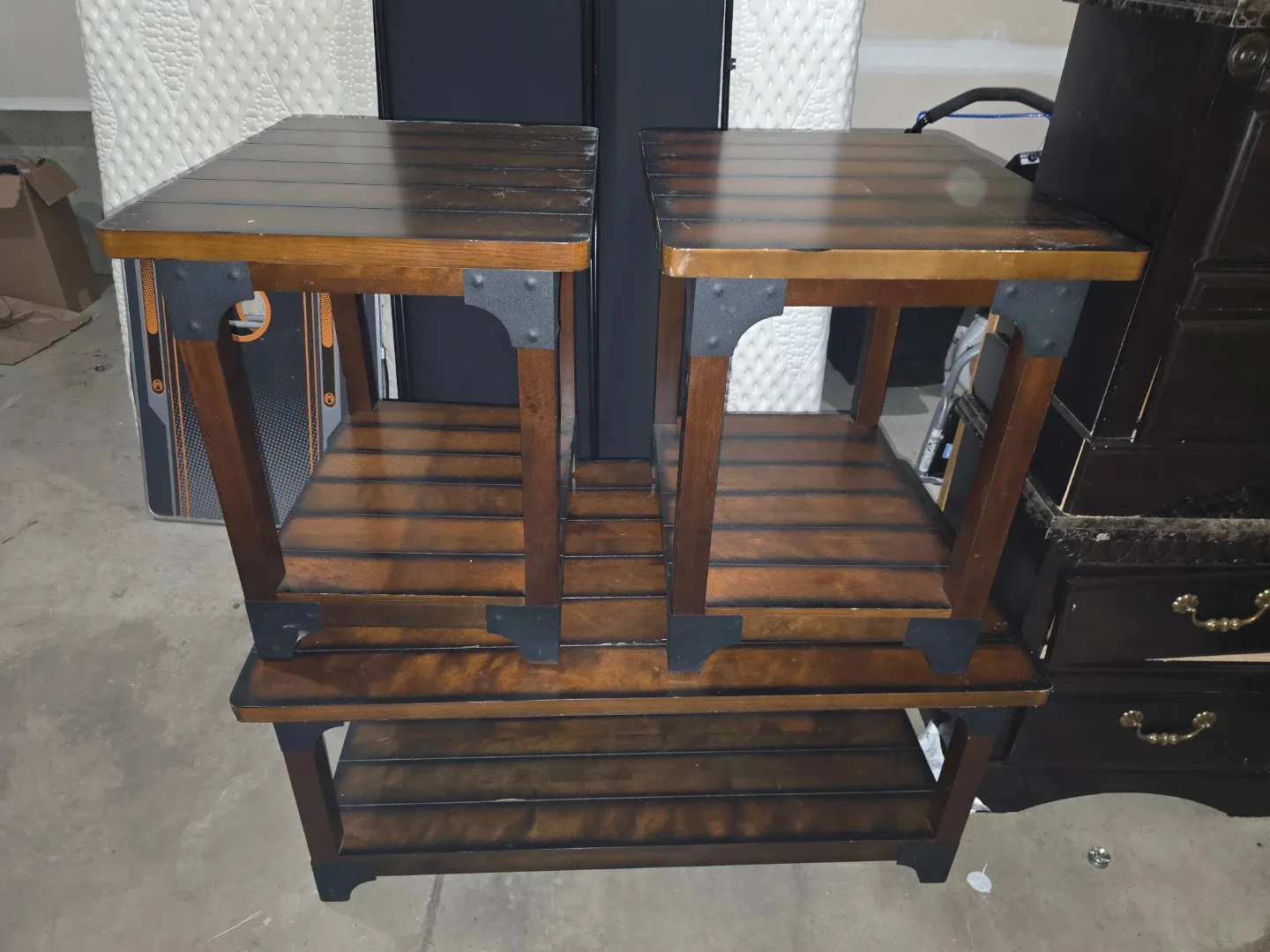 Set of 2 Brown Wood End Tables and coffee table