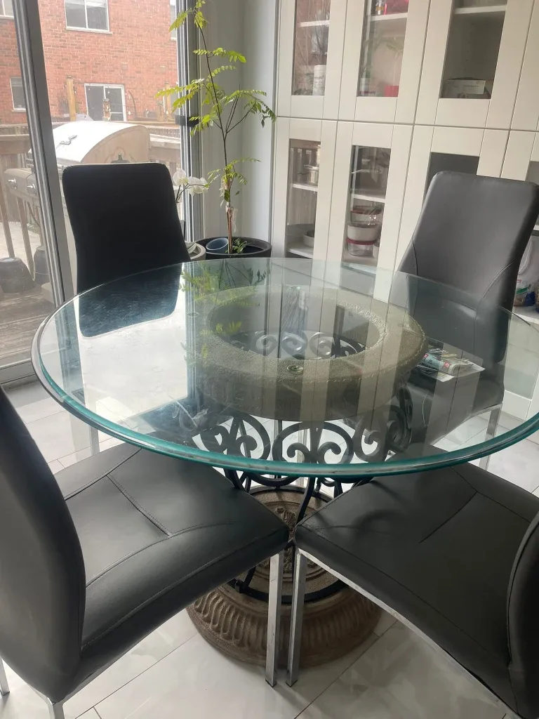 Glass Round Table & 4 Black Chairs
