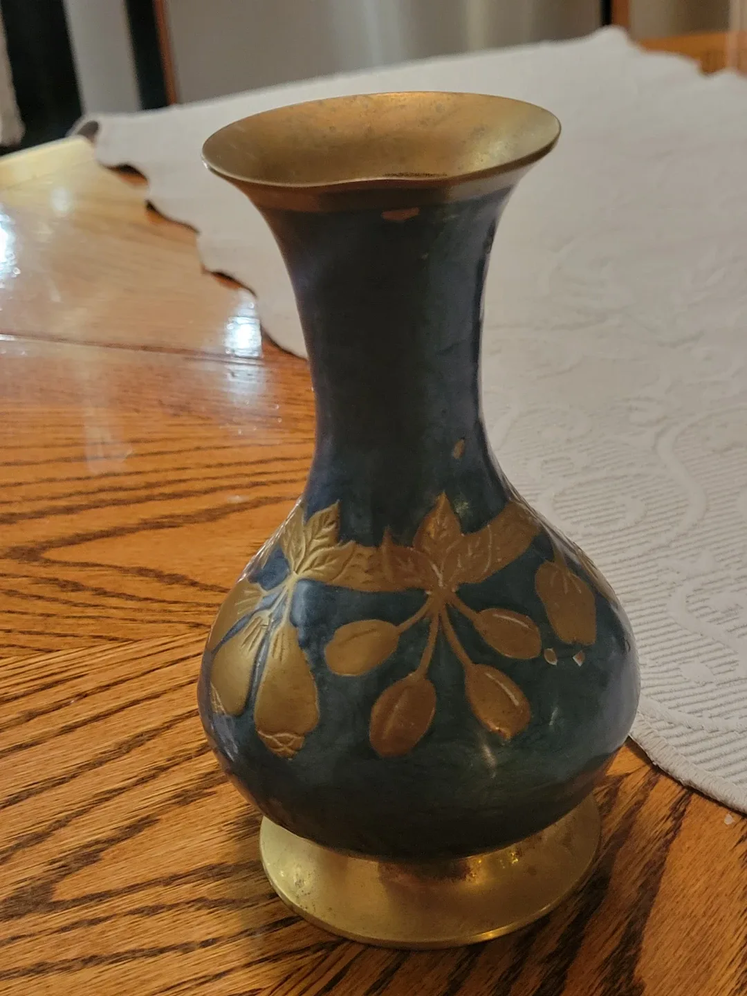 Vintage Brass Teal Fruit Motif Vase image indicator(2)