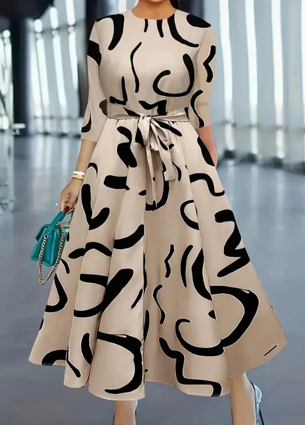 Beige & Black Print Midi Dress