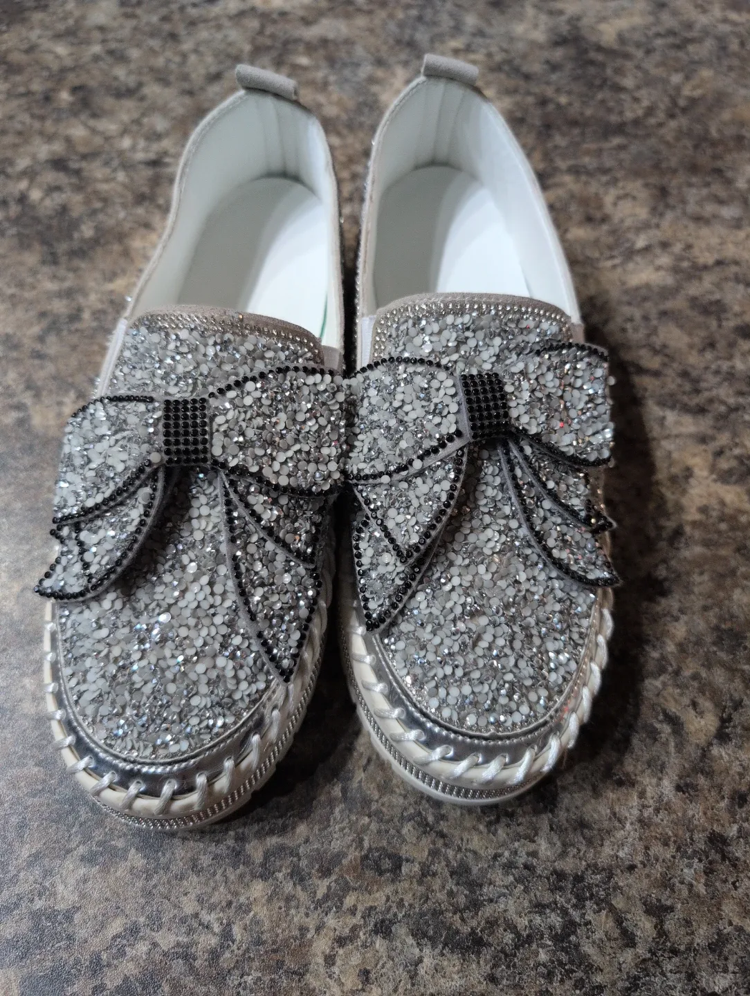 Silver Glitter Slip-On Shoes with Bow. Size 6.
