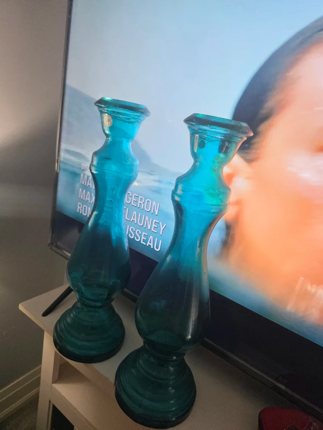Teal Glass Candlestick Holders (Pair)/ flower vase