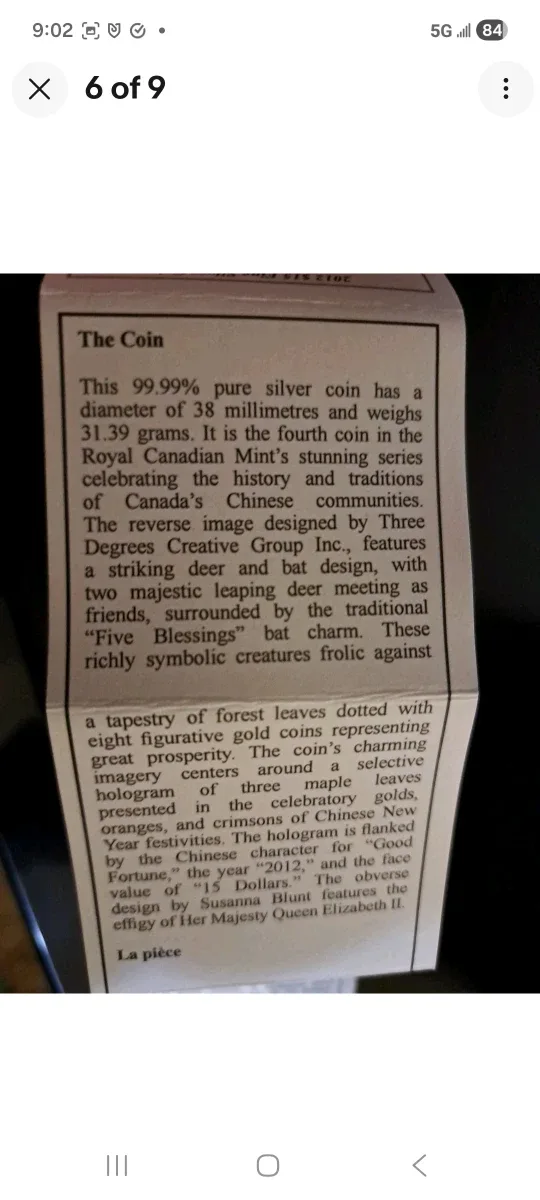 2012 & 13 RCM $15 Fine Silver Coins/ Good Fortune and Peace image indicator(6)