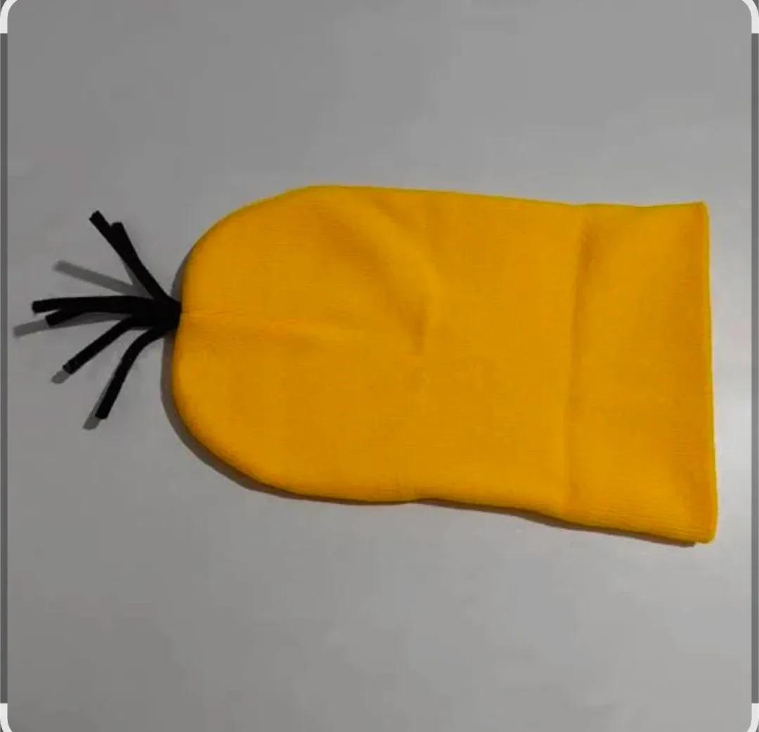 Yellow Knit Beanie with Black Wig - New!
